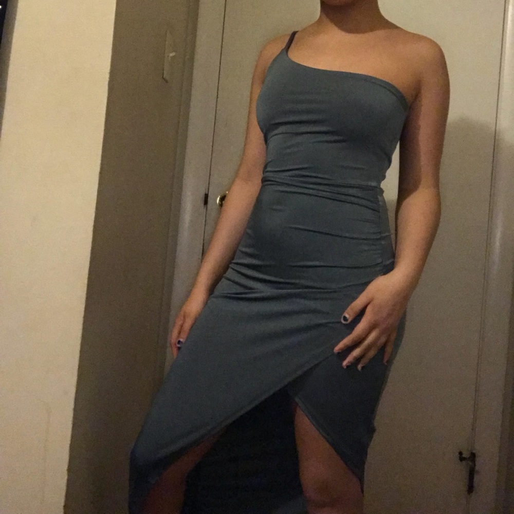 Olive green , one strap , leg slit dress